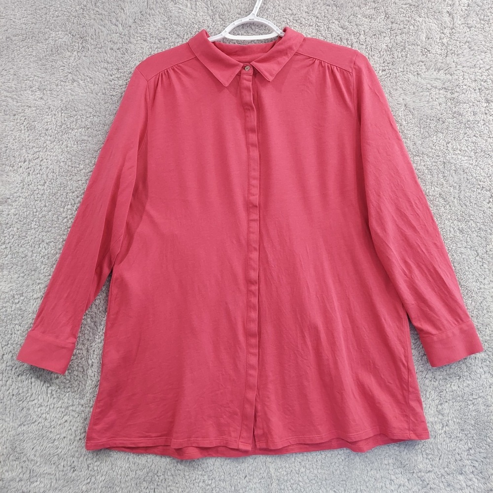 J Jill Tunic Top Womens Large Pink Knit Button Up Long‎ Sleeve Stretch Blouse